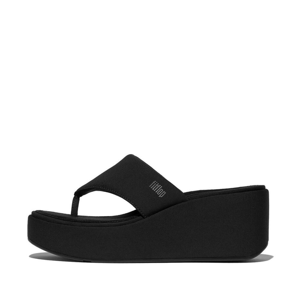 NEW FITFLOP women's toe post platform wedge in all black